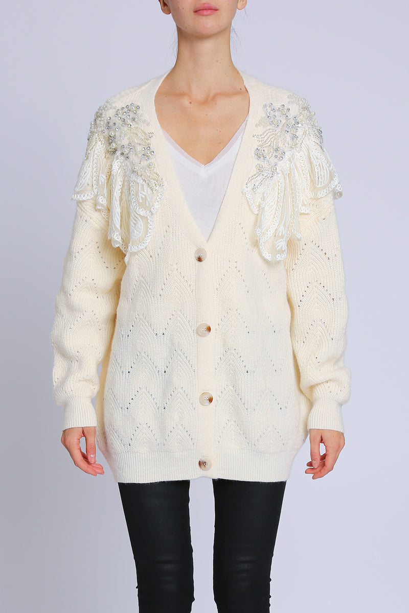 Mallow Embellished & Embroidered V-Neck Knit Cardigan - Shop Beulah Style