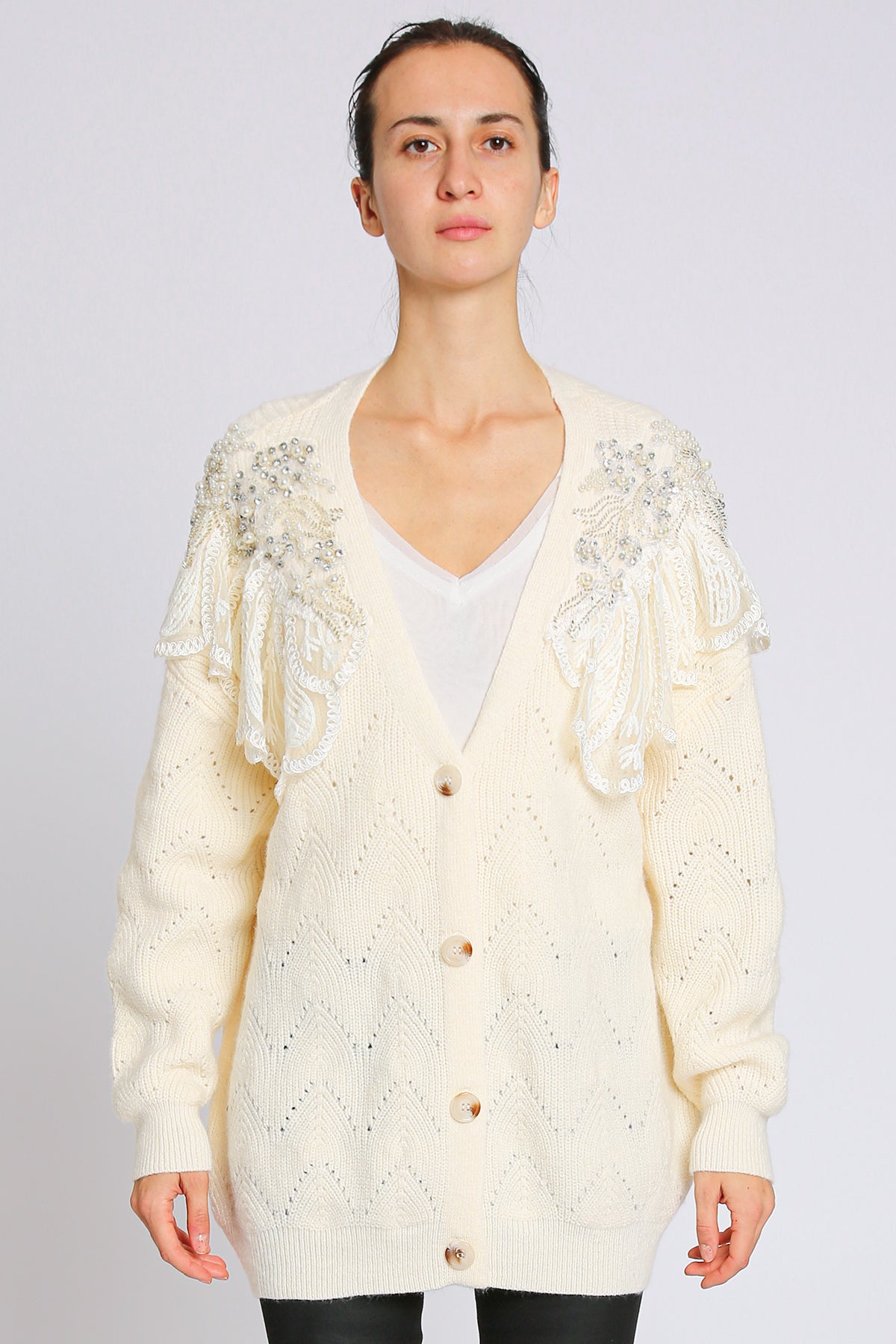 Mallow Embellished & Embroidered V-Neck Knit Cardigan