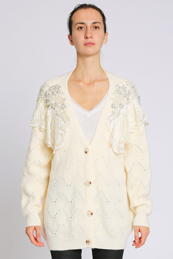 Mallow Embellished & Embroidered V-Neck Knit Cardigan