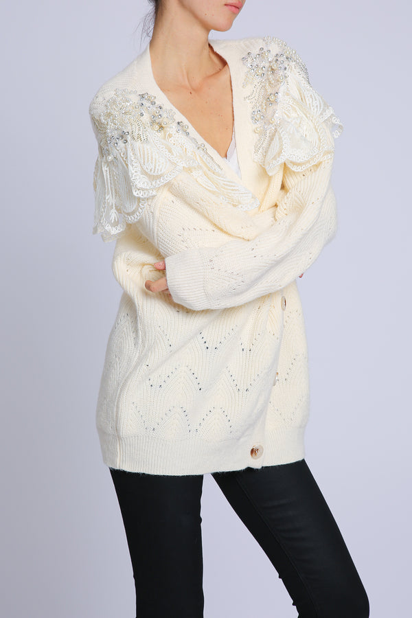 Mallow Embellished & Embroidered V-Neck Knit Cardigan