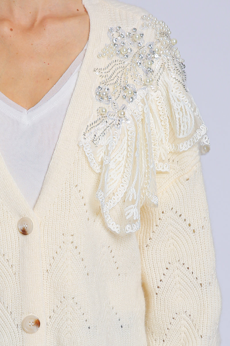 Mallow Embellished & Embroidered V-Neck Knit Cardigan - Shop Beulah Style