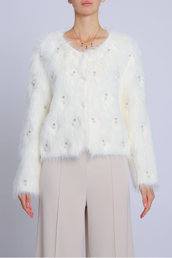 Blaine Pearl & Rhinestone Embellished Faux Fur Coat