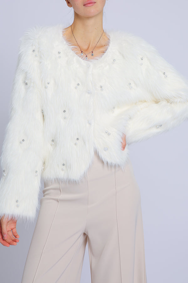 Blaine Pearl & Rhinestone Embellished Faux Fur Coat