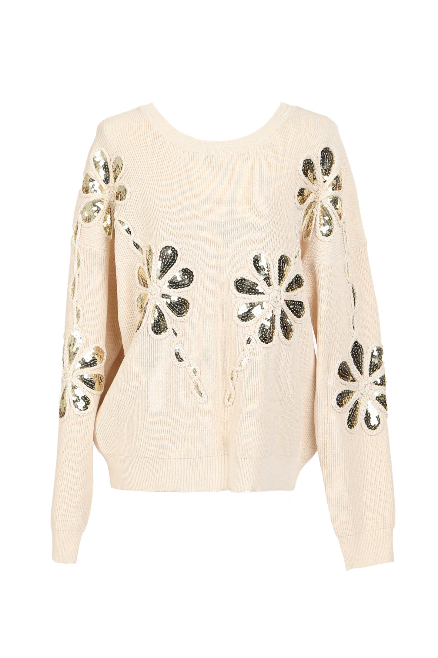 Marigold Braided Floral Sequined Ribbed Knit Sweater