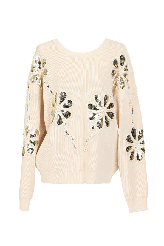 Marigold Braided Floral Sequined Ribbed Knit Sweater