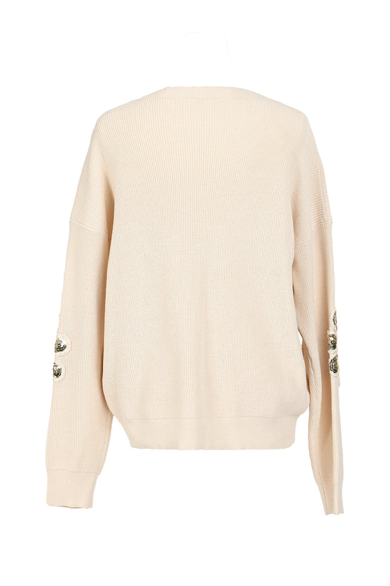 Marigold Braided Floral Sequined Ribbed Knit Sweater