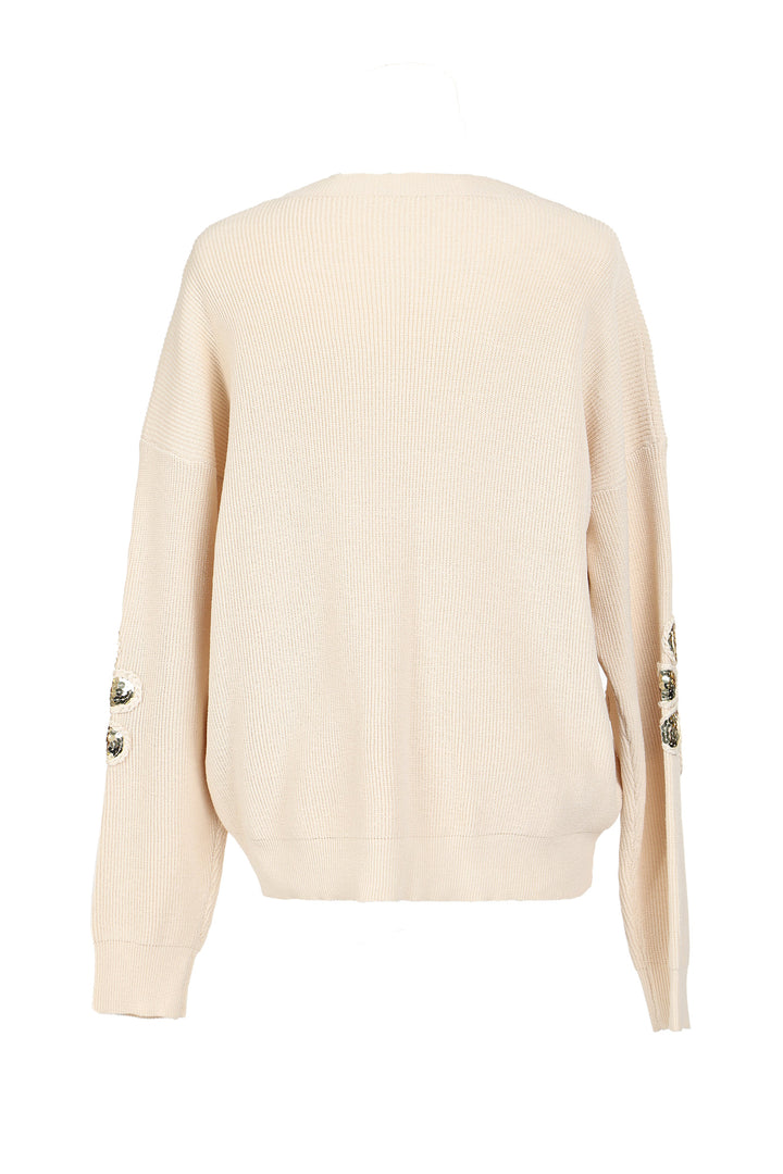 Marigold Braided Floral Sequined Ribbed Knit Sweater