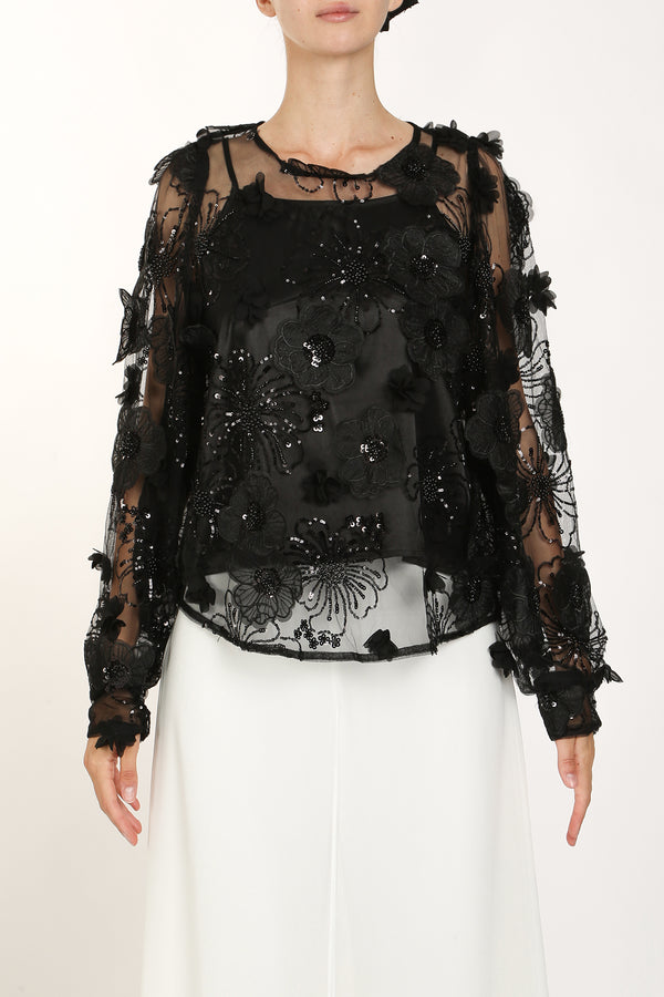 Cally Sequined Floral Applique Detail Sheer Blouse - Shop Beulah Style