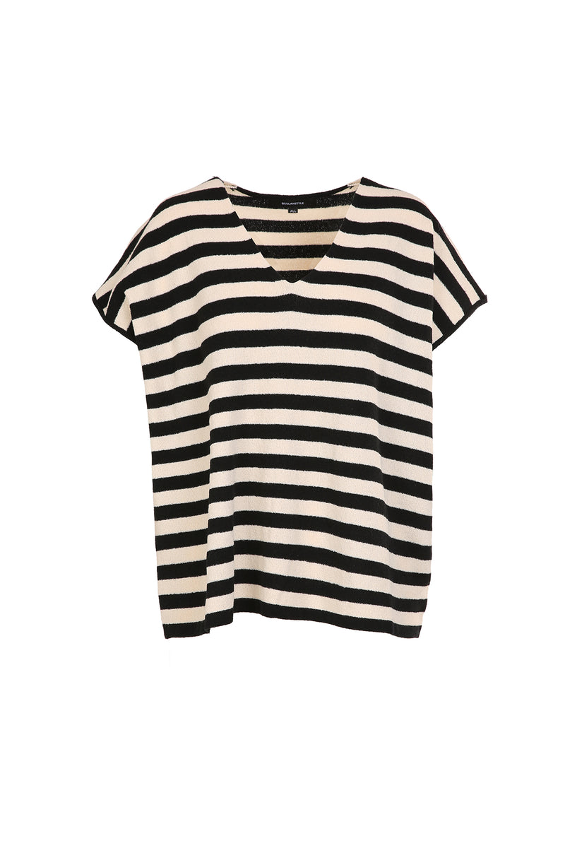 Anita Stripe Patterned V-Neck Knit Top