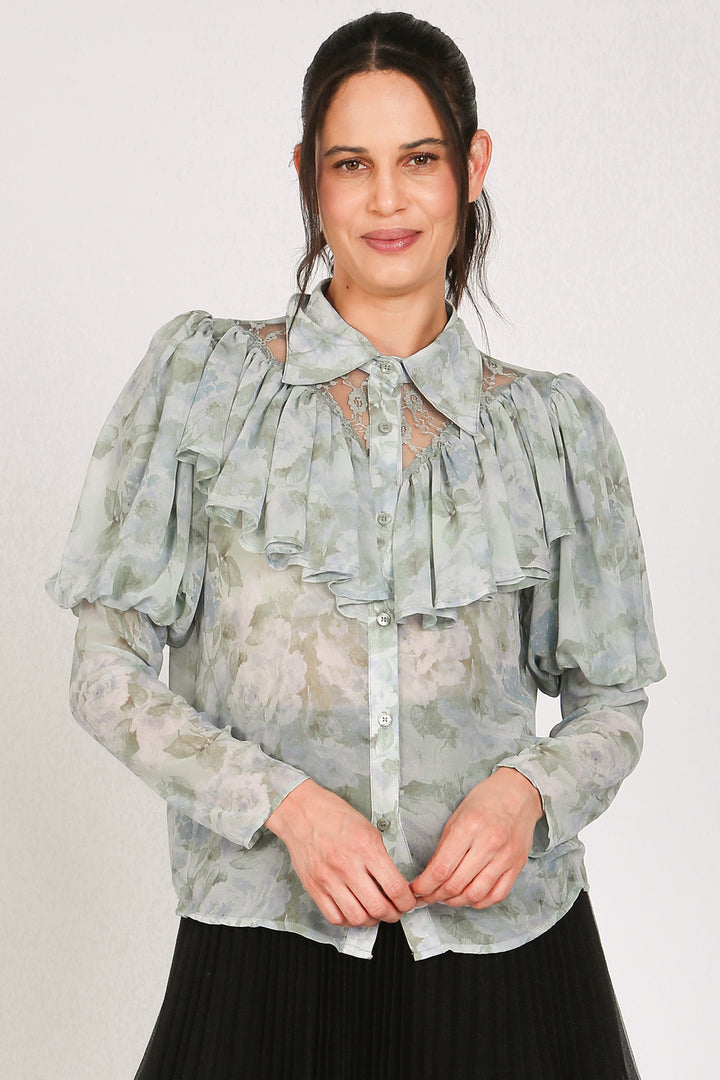Olga Floral Print Ruffled Detail Chiffon Blouse