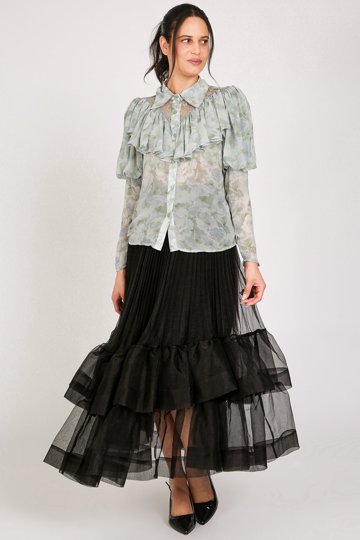 Olga Floral Print Ruffled Detail Chiffon Blouse