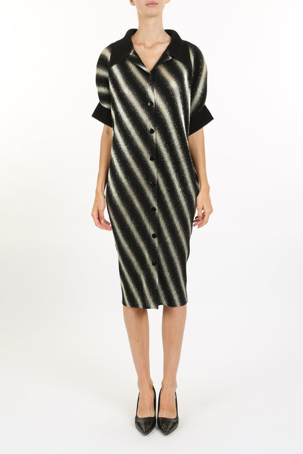 Dawn Metallic Stripe Patterned Pleat Midi Shirt Dress - Shop Beulah Style