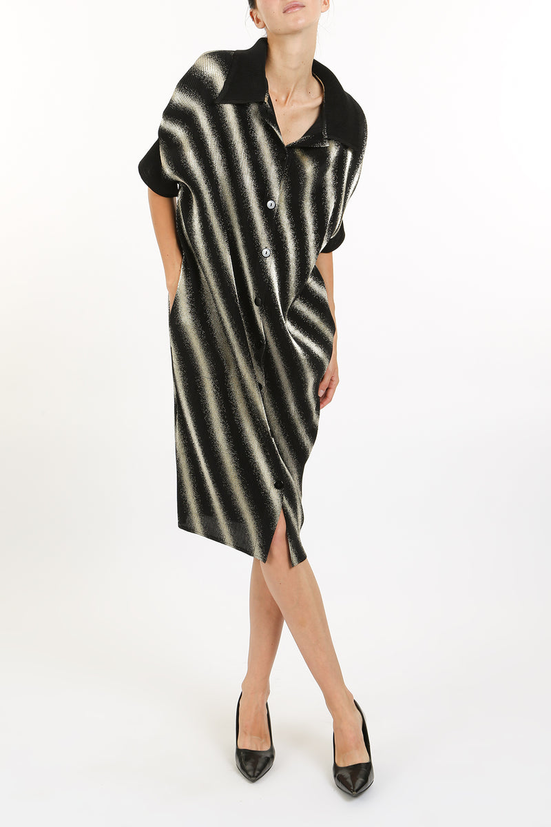 Dawn Metallic Stripe Patterned Pleat Midi Shirt Dress - Shop Beulah Style