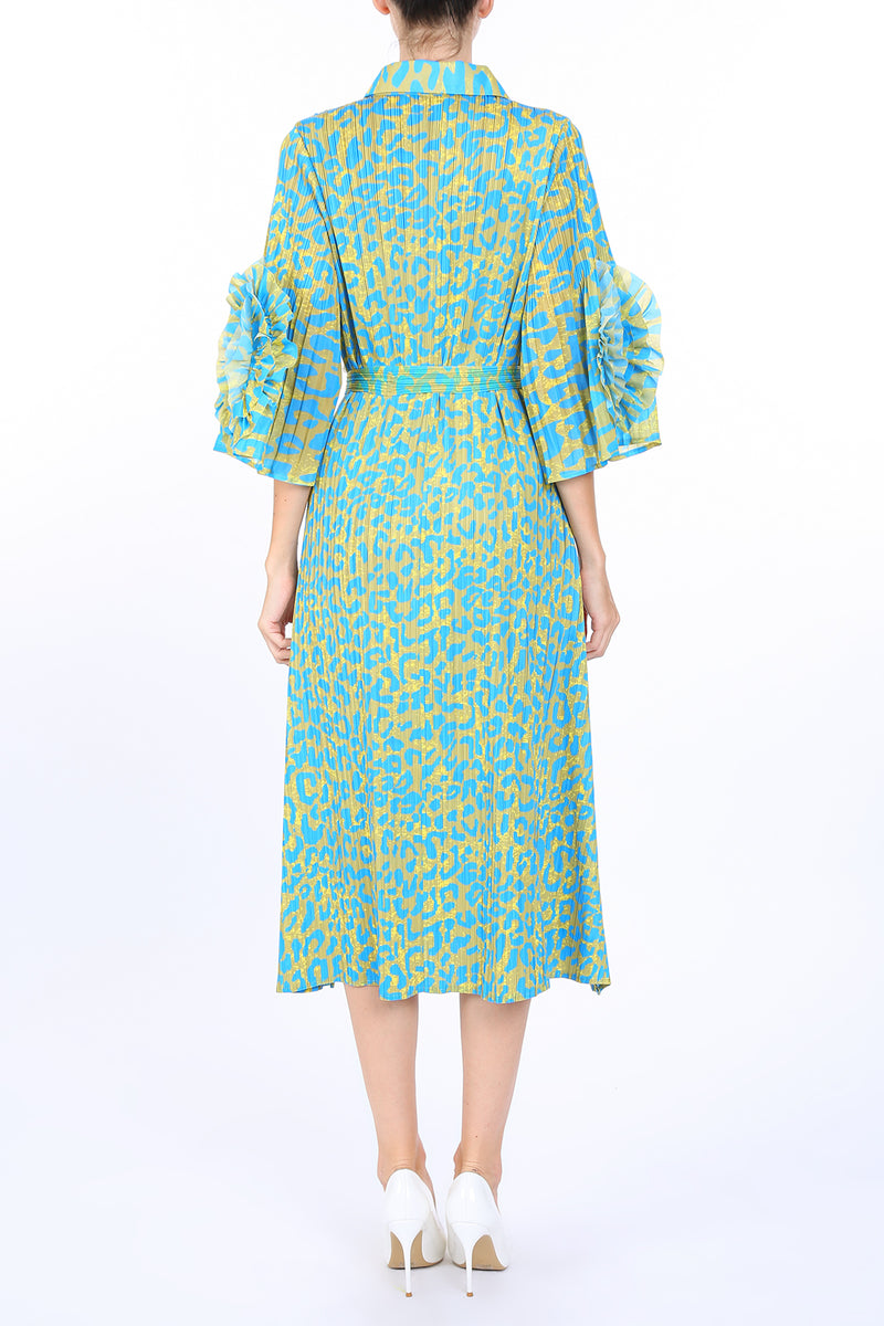 Trinity Leopard Stencil Print Pleats Belted Midi Dress - Shop Beulah Style