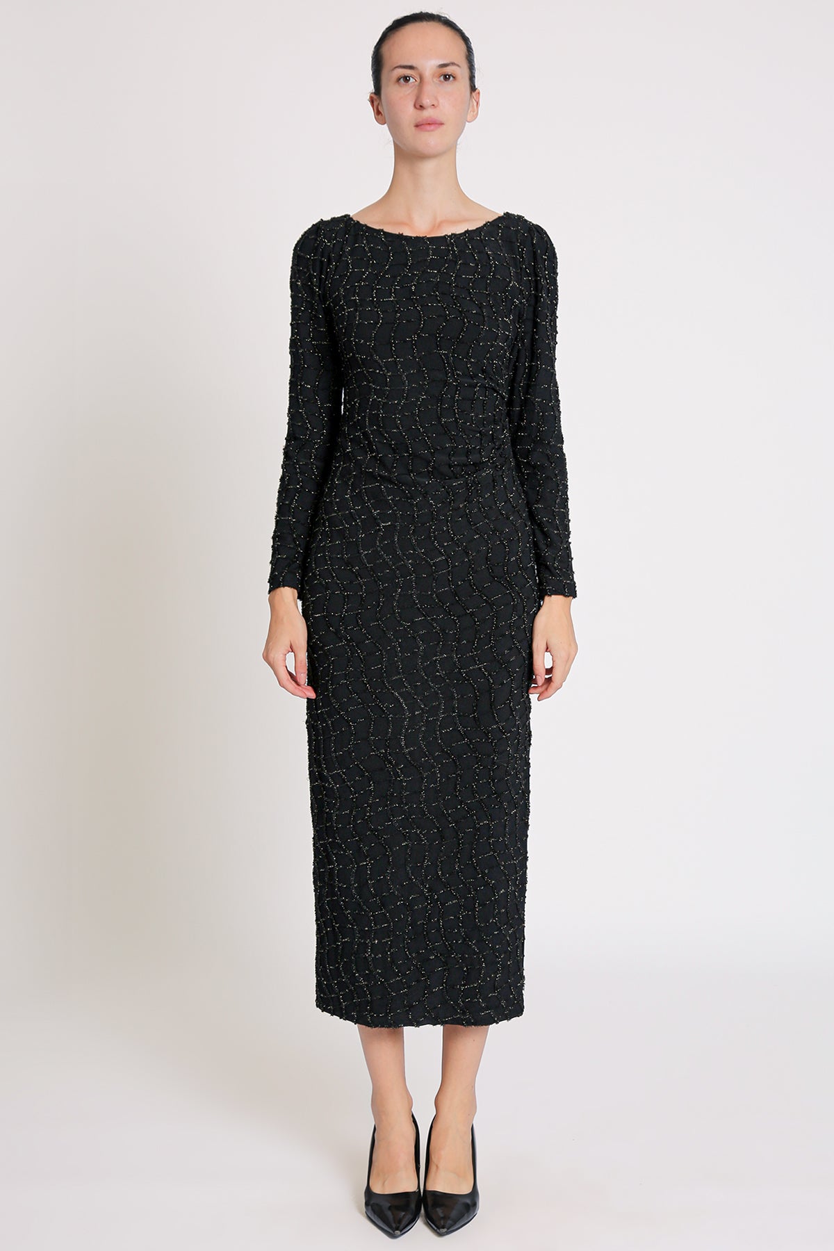 Grayson Glitter Mesh Detail Bodycon Slit Maxi Dress