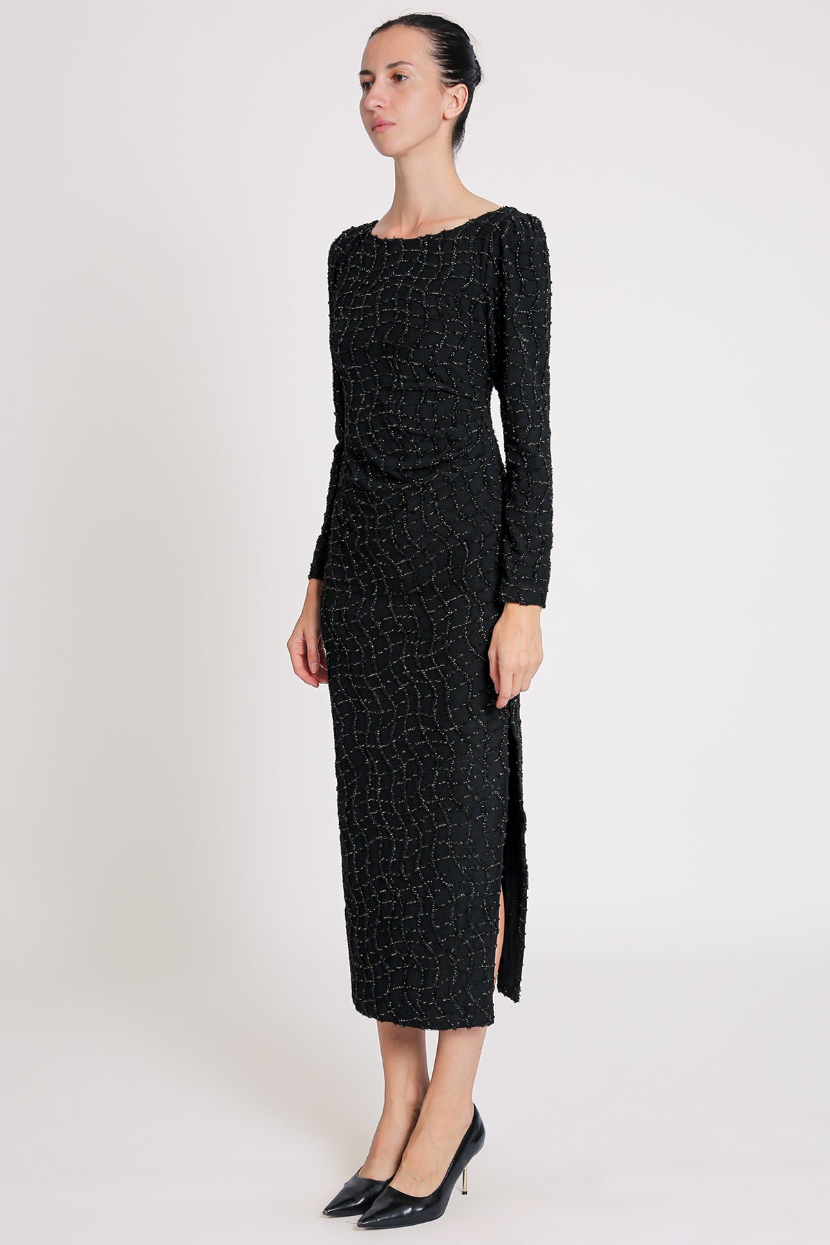 Grayson Glitter Mesh Detail Bodycon Slit Maxi Dress