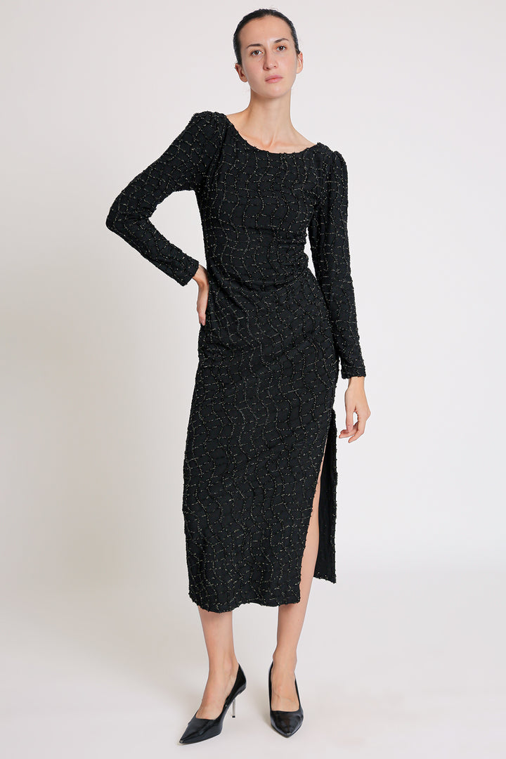 Grayson Glitter Mesh Detail Bodycon Slit Maxi Dress