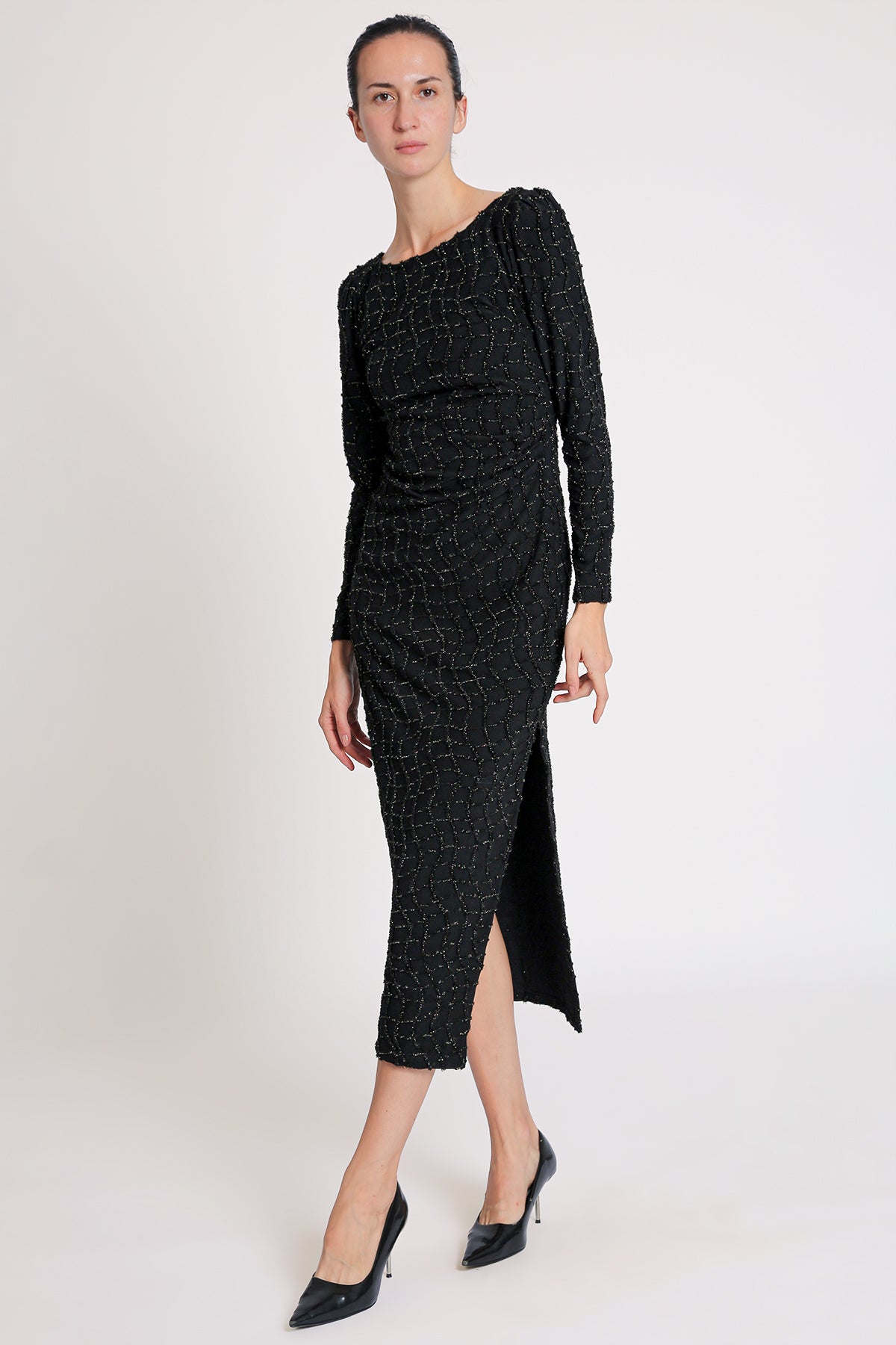 Grayson Glitter Mesh Detail Bodycon Slit Maxi Dress