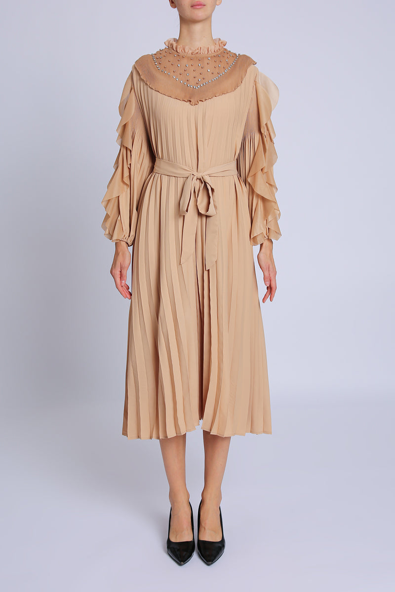 Noah Embellished Volume Collar Belted Pleats Maxi Dress - Shop Beulah Style