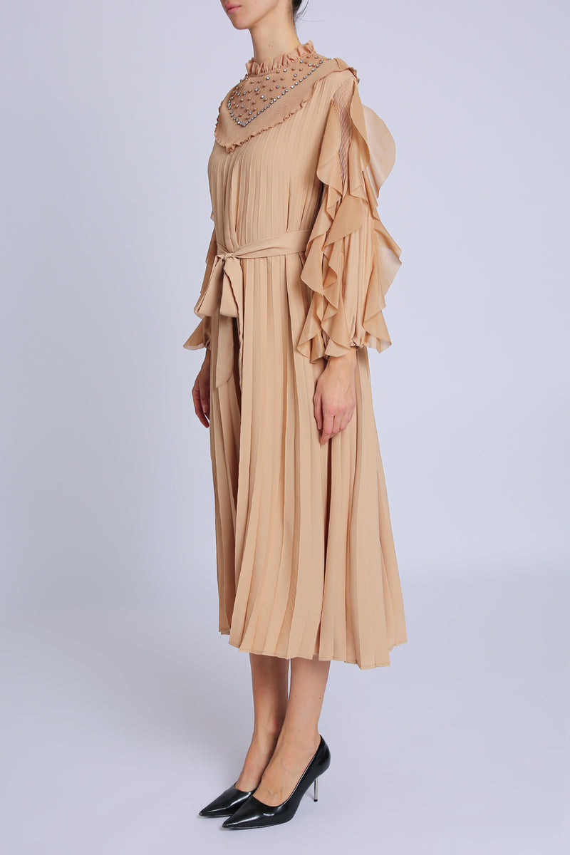 Noah Embellished Volume Collar Belted Pleats Maxi Dress - Shop Beulah Style