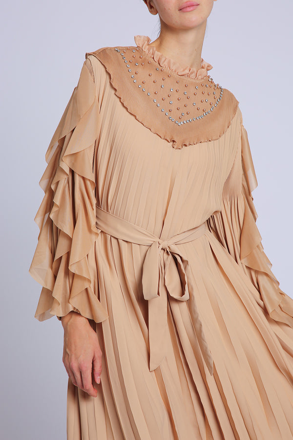 Noah Embellished Volume Collar Belted Pleats Maxi Dress