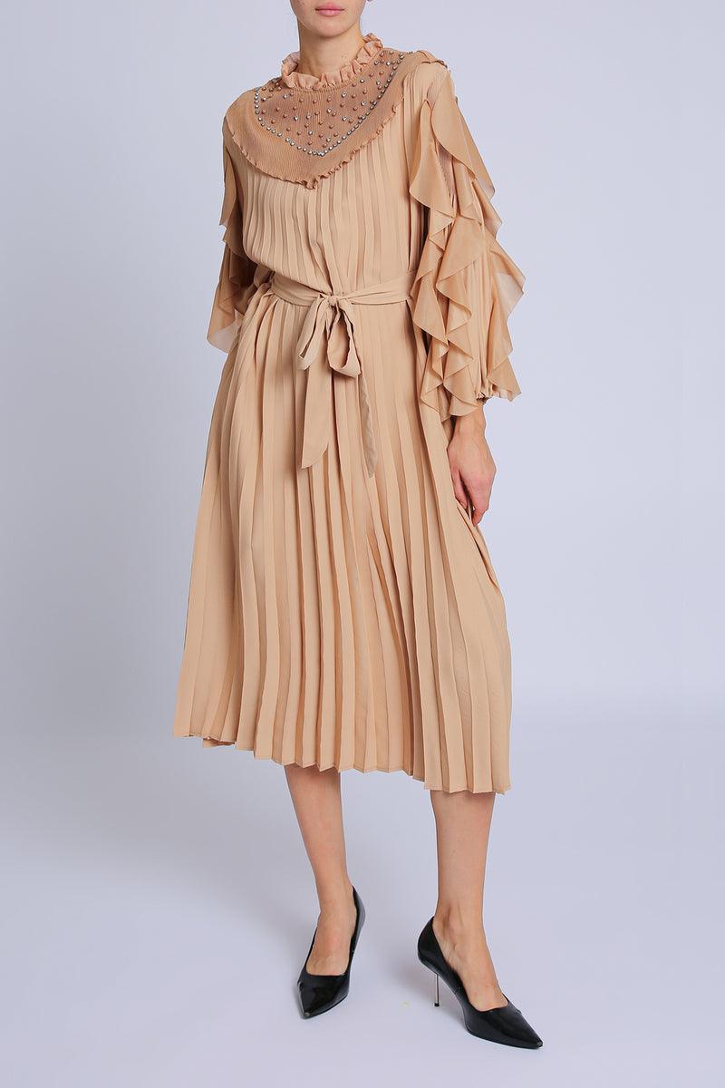 Noah Embellished Volume Collar Belted Pleats Maxi Dress - Shop Beulah Style