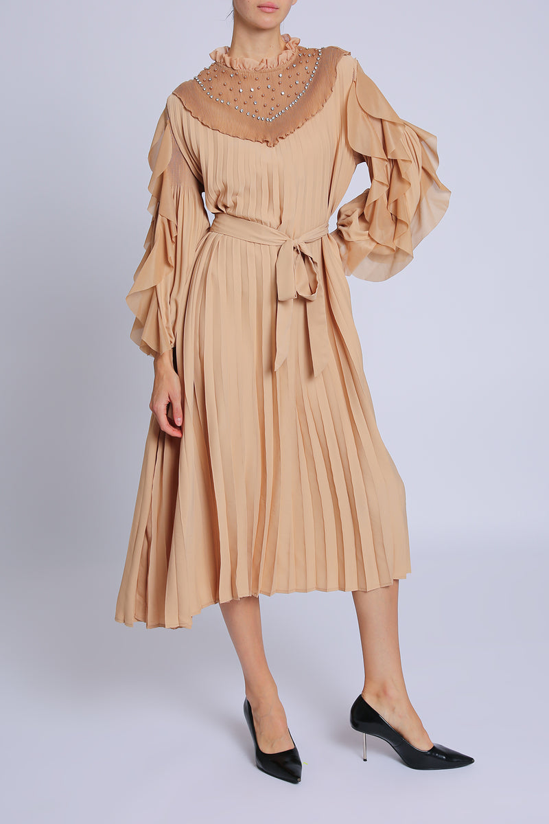 Noah Embellished Volume Collar Belted Pleats Maxi Dress - Shop Beulah Style