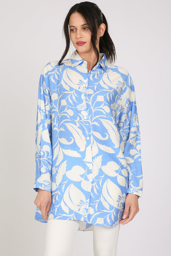 Andra Abstract Botanic Printed Mini Linen Shirt Dress