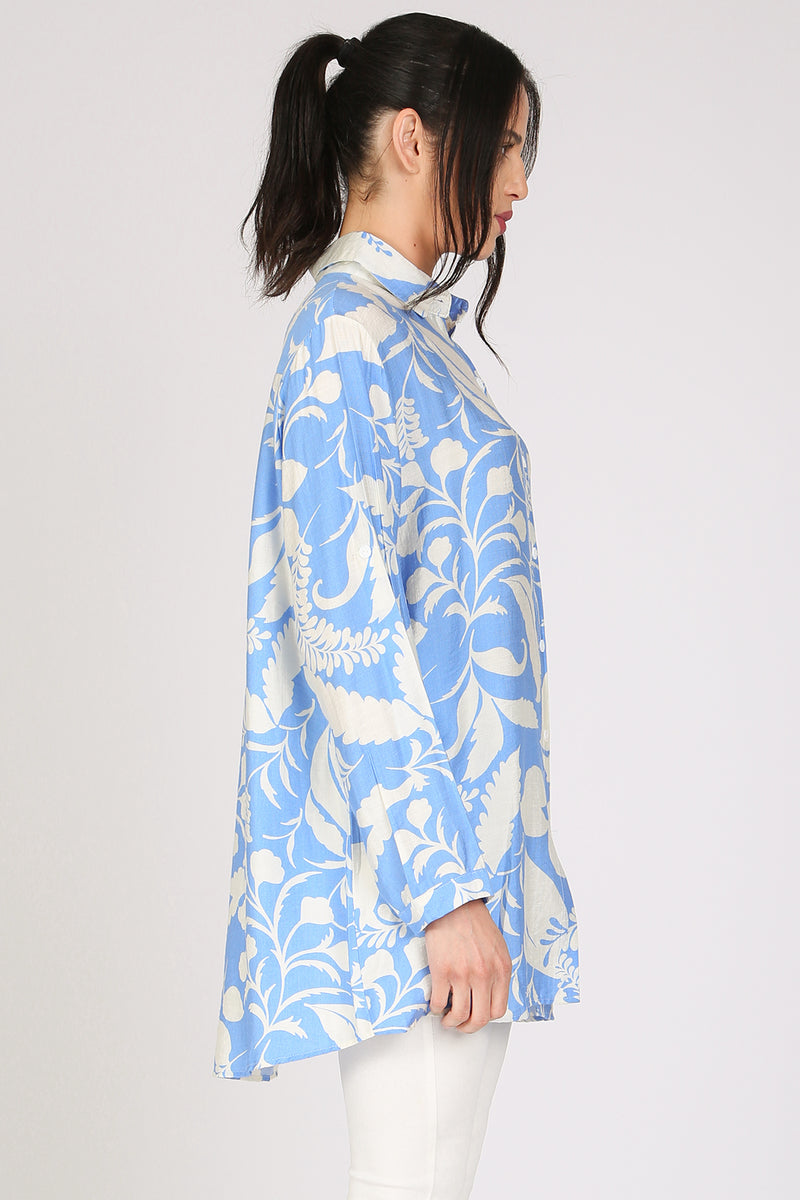Andra Abstract Botanic Printed Mini Linen Shirt Dress
