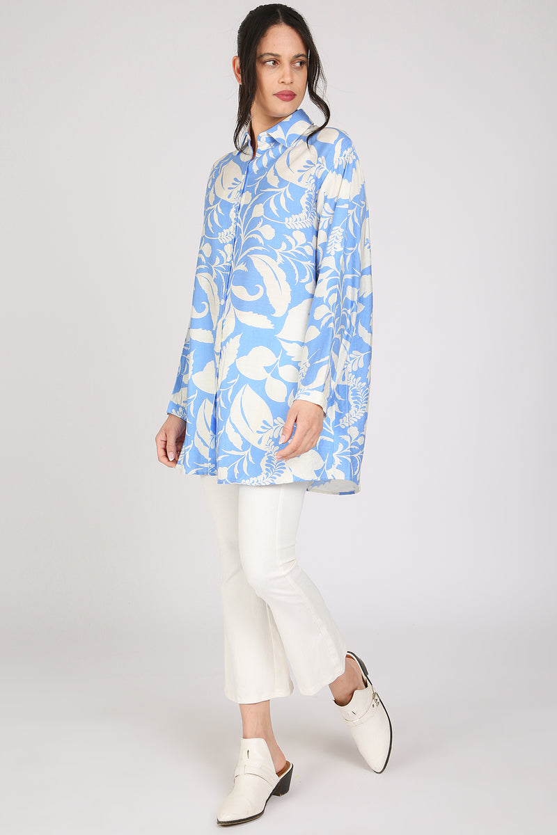 Andra Abstract Botanic Printed Mini Linen Shirt Dress