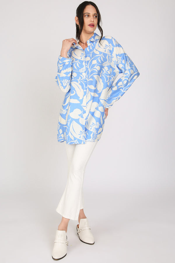 Andra Abstract Botanic Printed Mini Linen Shirt Dress