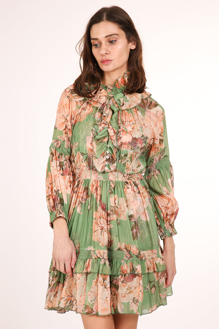 Heather Ruffled Keyhole Floral Print Smocked Mini Dress - Shop Beulah Style