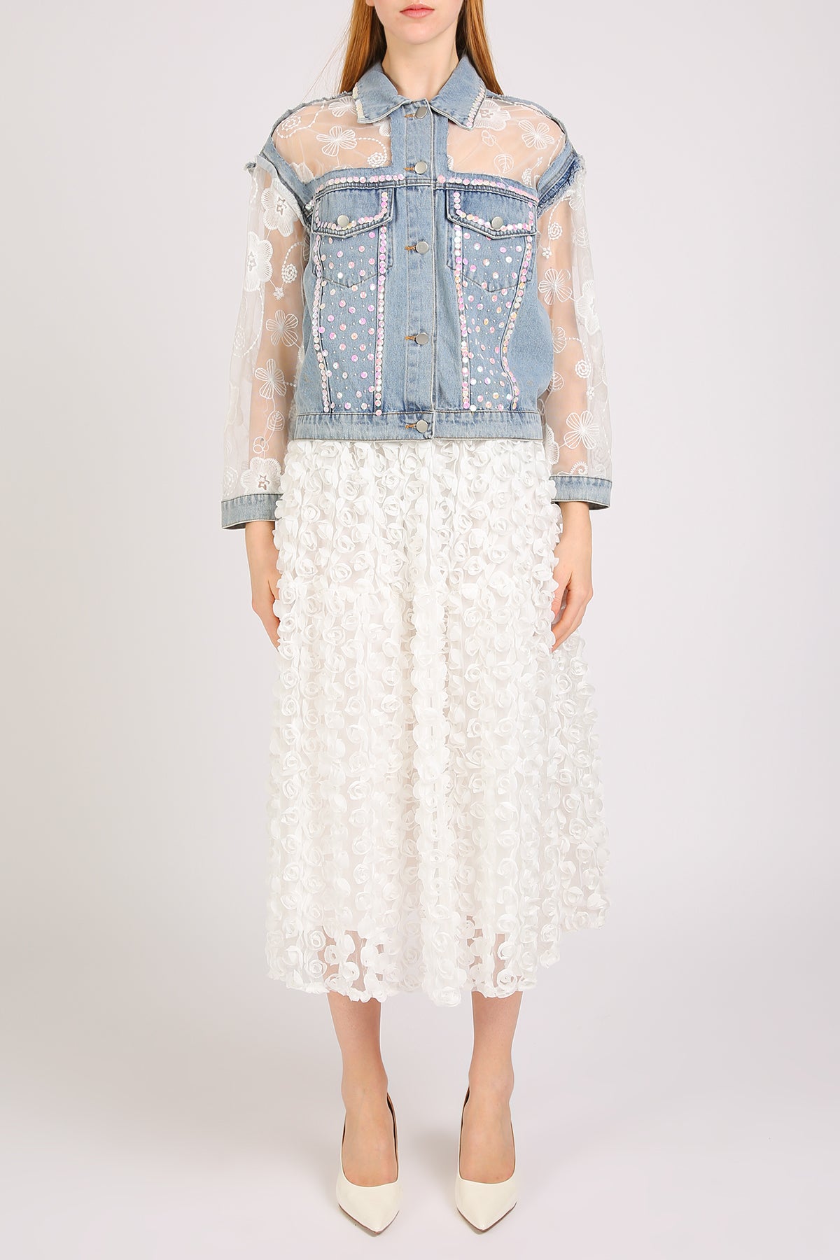 Megan Sequined Floral Embroidered Tulle Denim Jacket - Shop Beulah Style