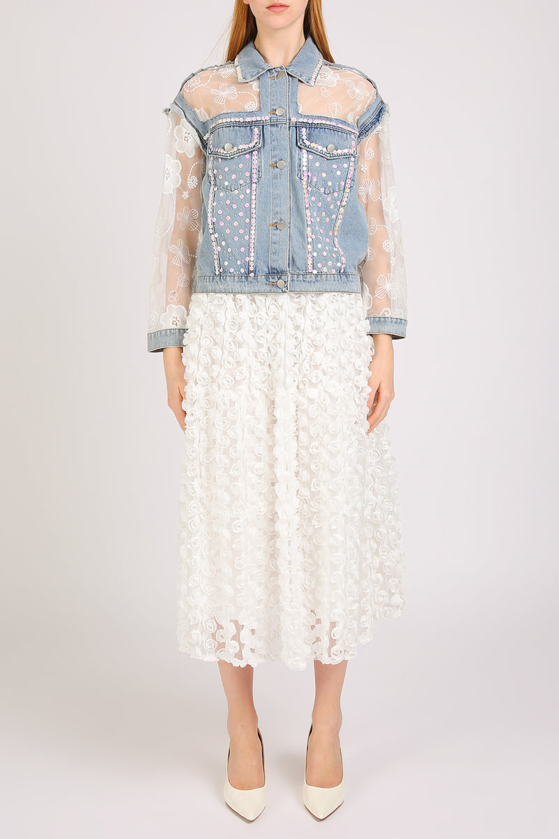 Megan Sequined Floral Embroidered Tulle Denim Jacket