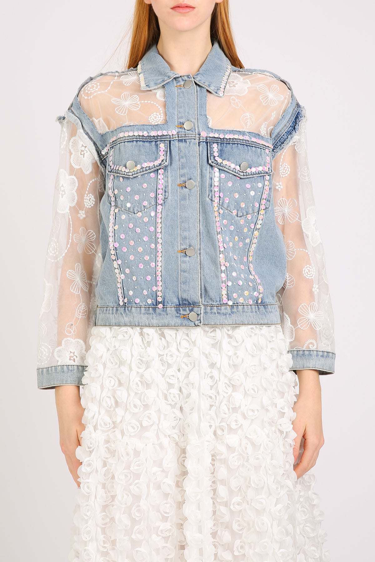 Megan Sequined Floral Embroidered Tulle Denim Jacket - Shop Beulah Style