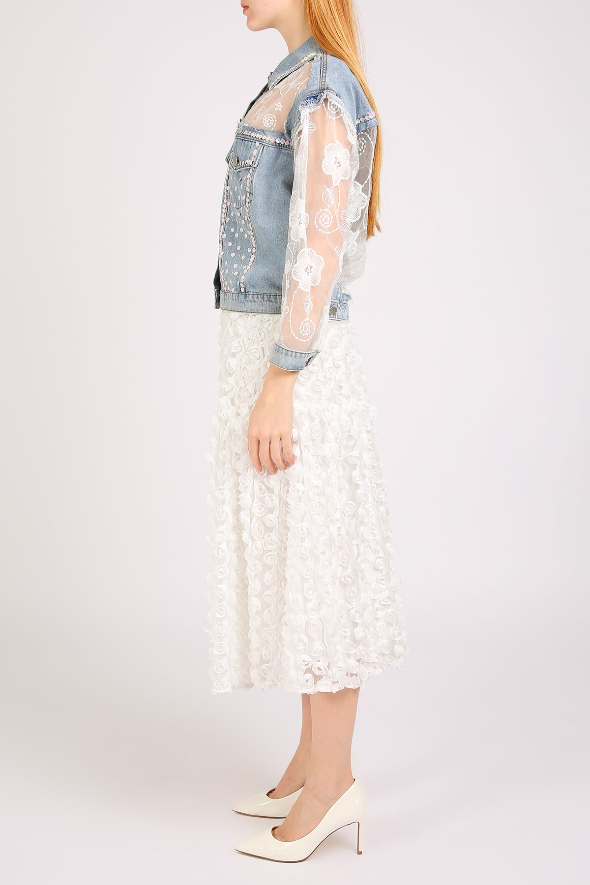 Megan Sequined Floral Embroidered Tulle Denim Jacket - Shop Beulah Style