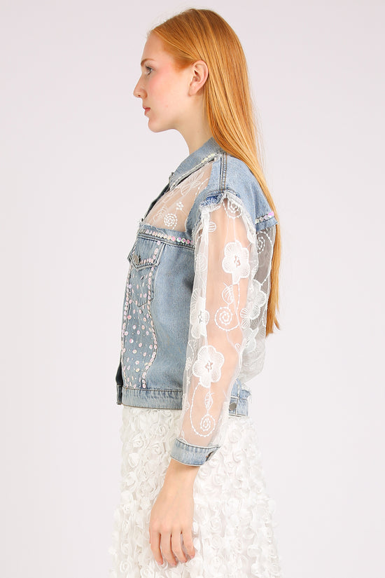 Megan Sequined Floral Embroidered Tulle Denim Jacket - Shop Beulah Style