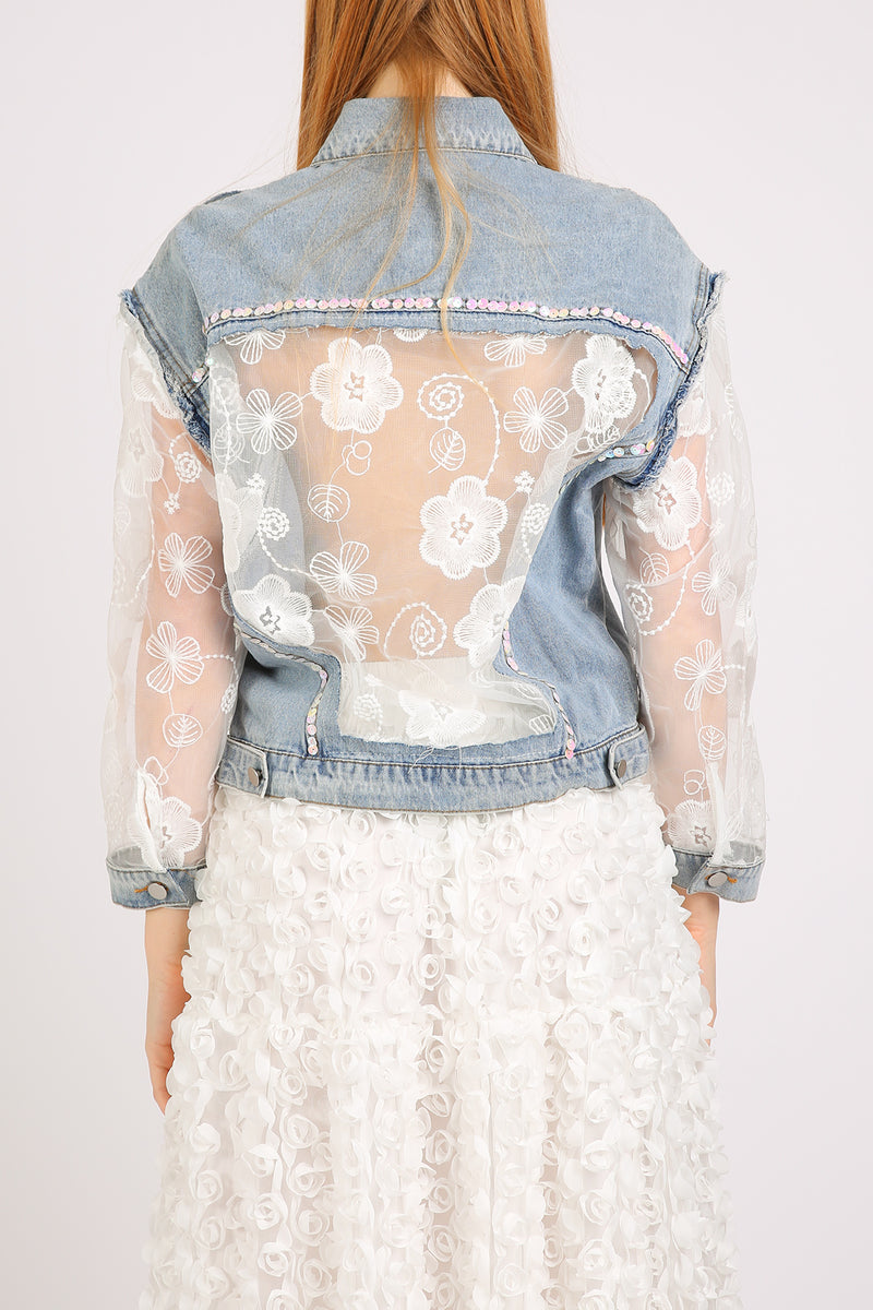 Megan Sequined Floral Embroidered Tulle Denim Jacket