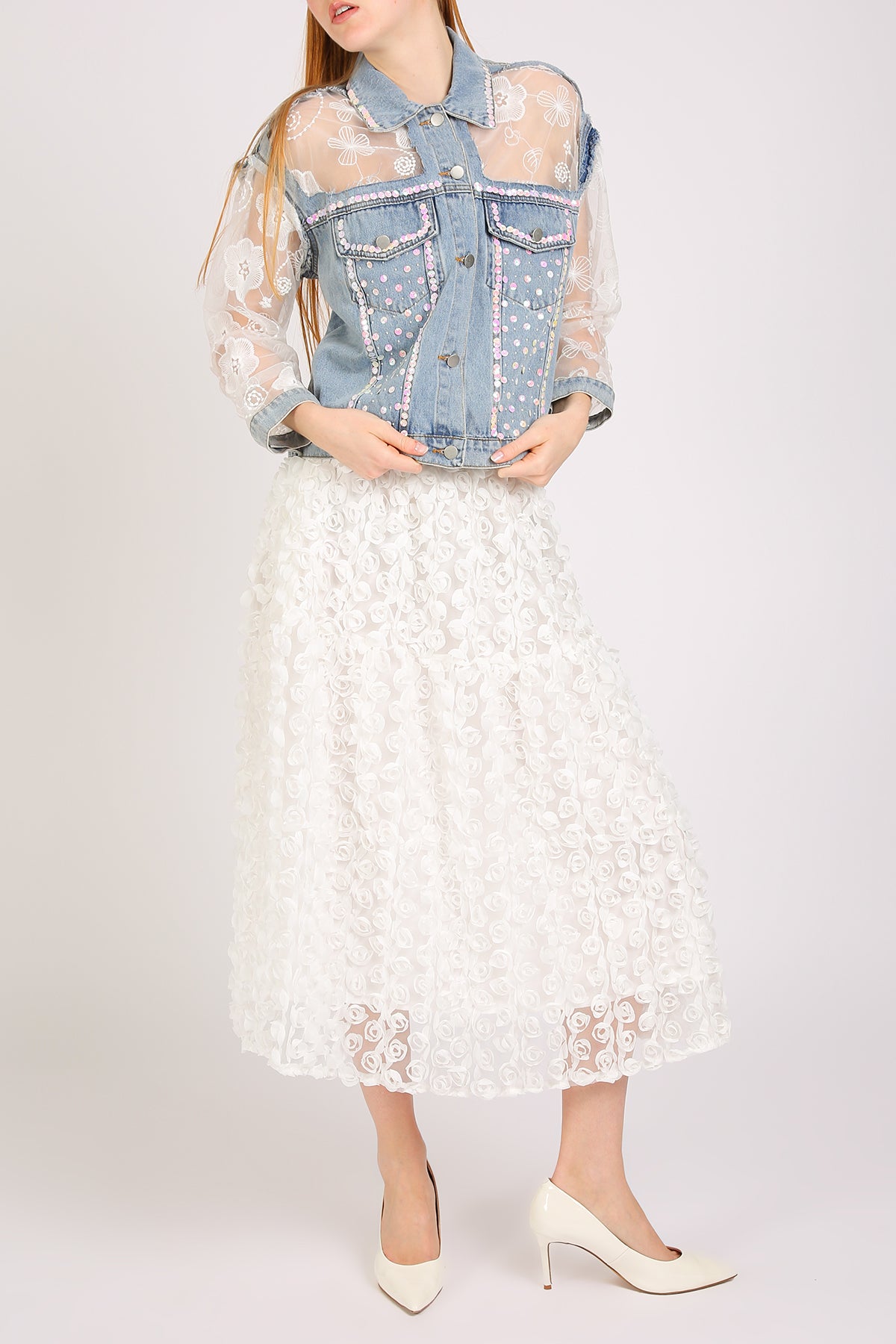 Megan Sequined Floral Embroidered Tulle Denim Jacket - Shop Beulah Style