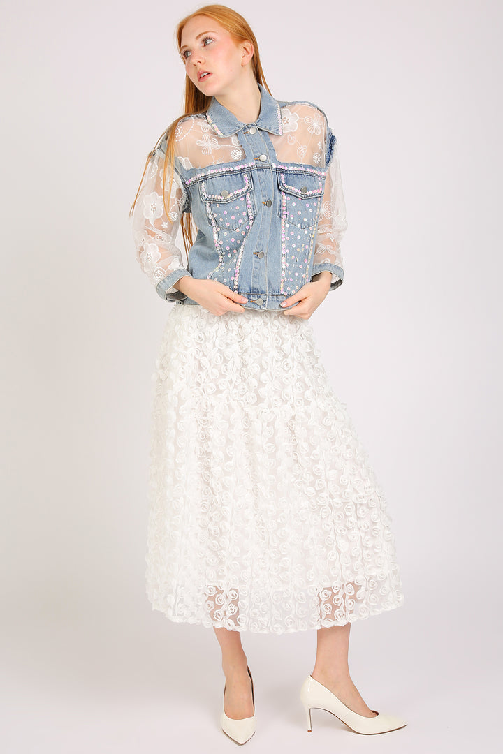Megan Sequined Floral Embroidered Tulle Denim Jacket - Shop Beulah Style