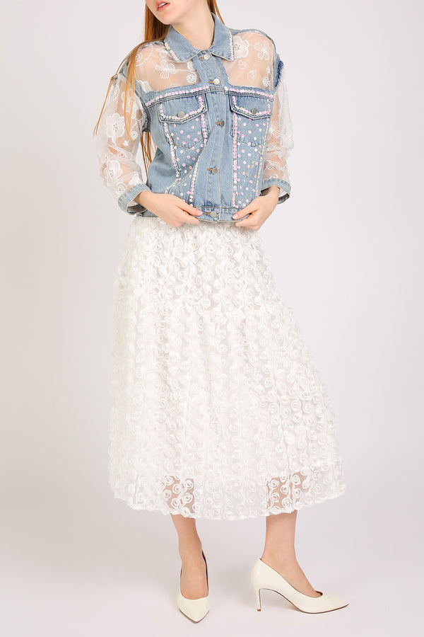 Megan Sequined Floral Embroidered Tulle Denim Jacket