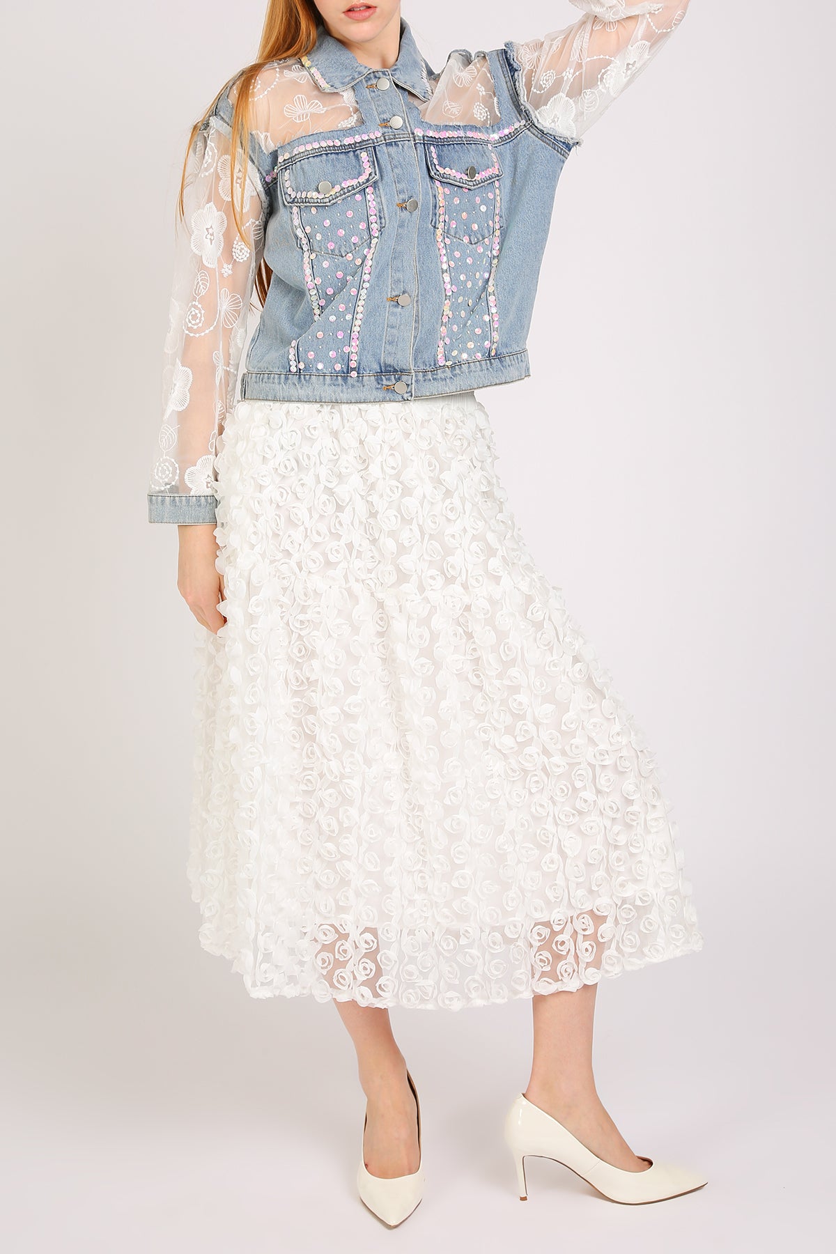 Megan Sequined Floral Embroidered Tulle Denim Jacket - Shop Beulah Style
