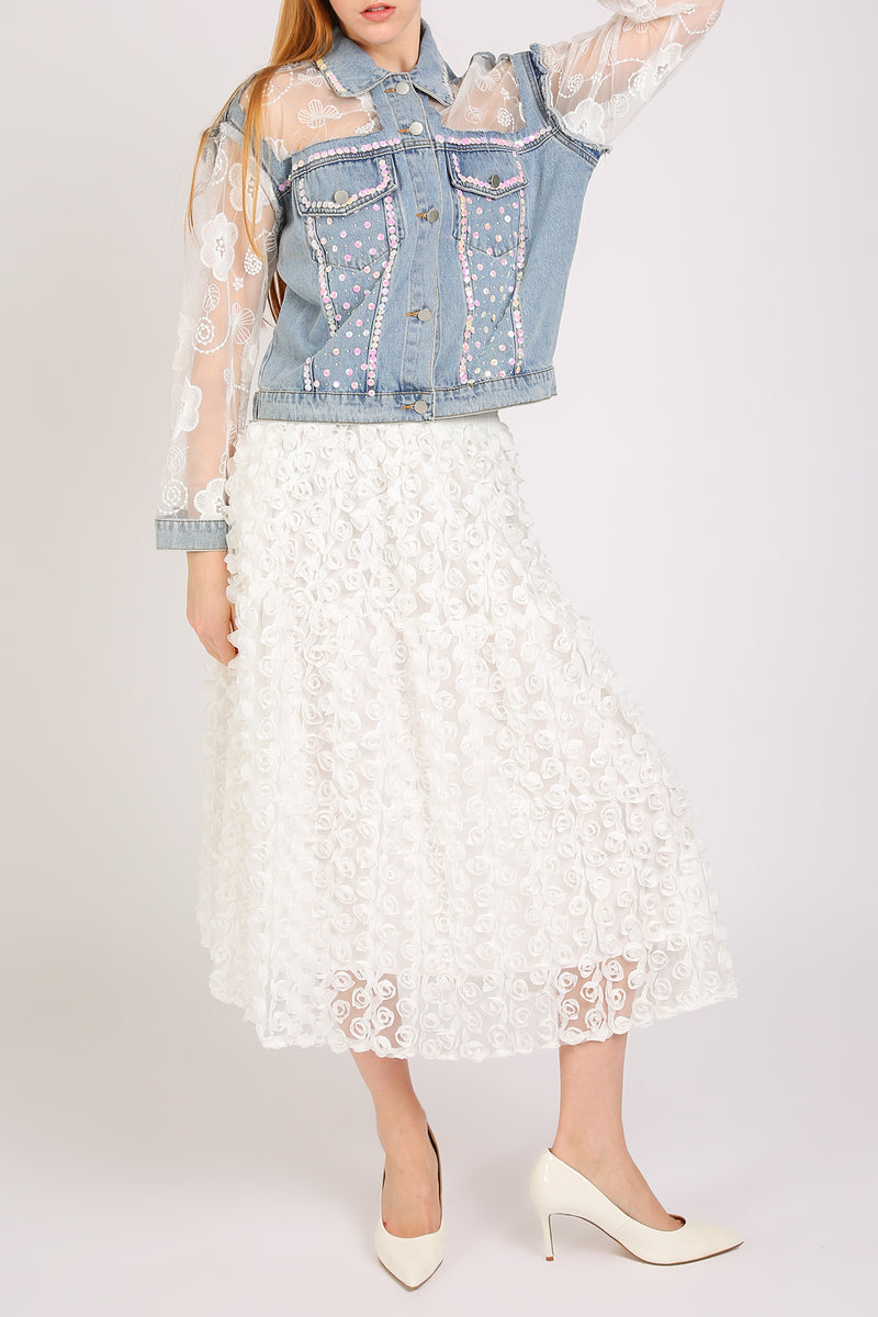 Megan Sequined Floral Embroidered Tulle Denim Jacket