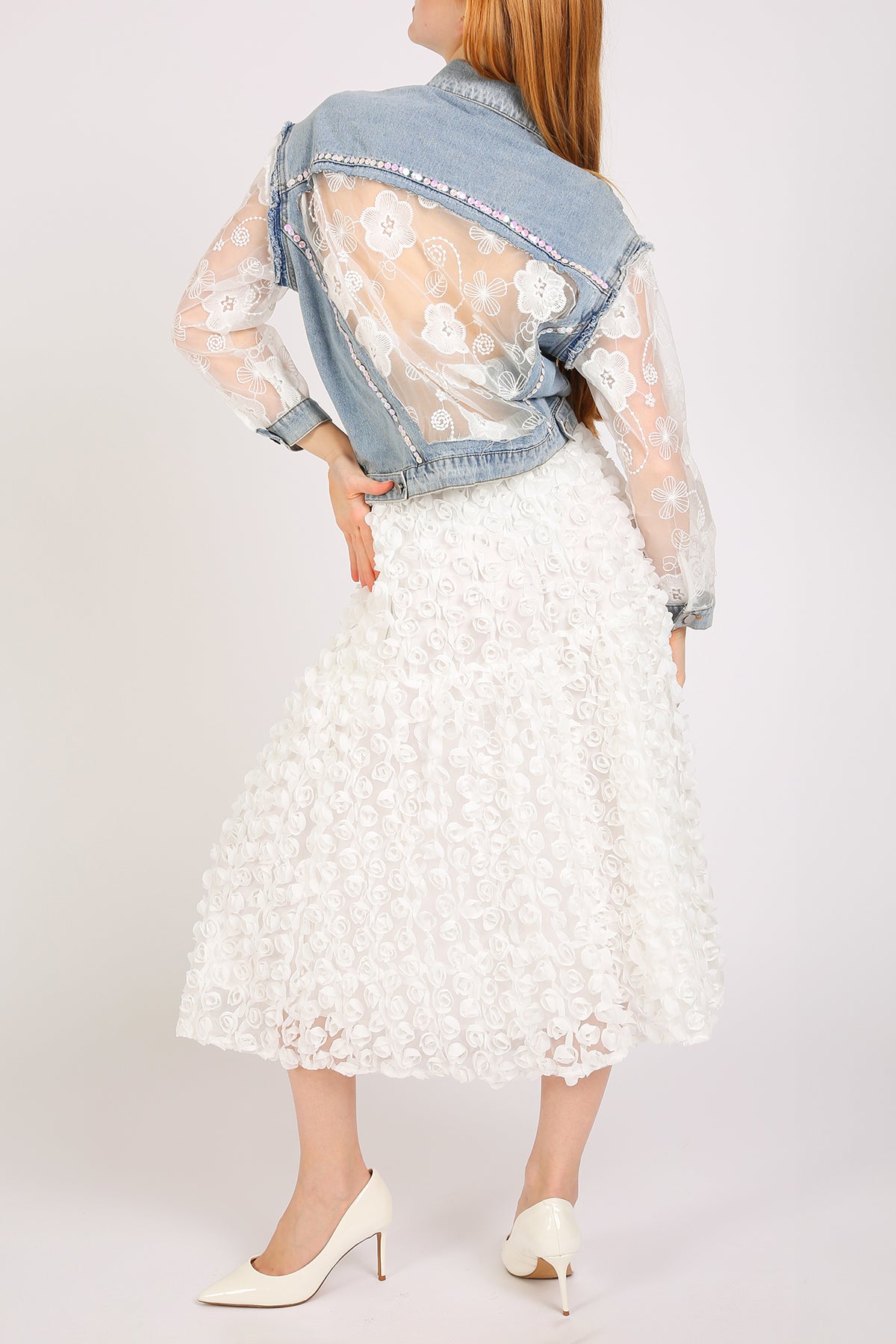 Megan Sequined Floral Embroidered Tulle Denim Jacket - Shop Beulah Style