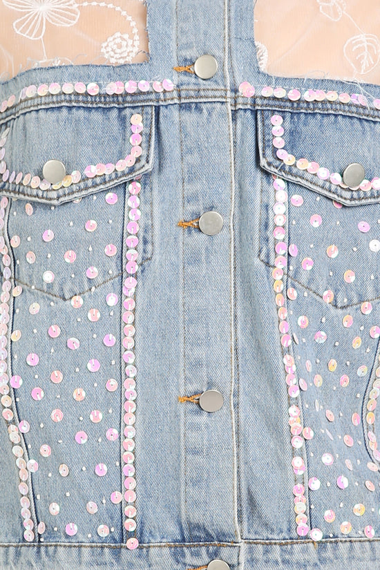 Megan Sequined Floral Embroidered Tulle Denim Jacket - Shop Beulah Style