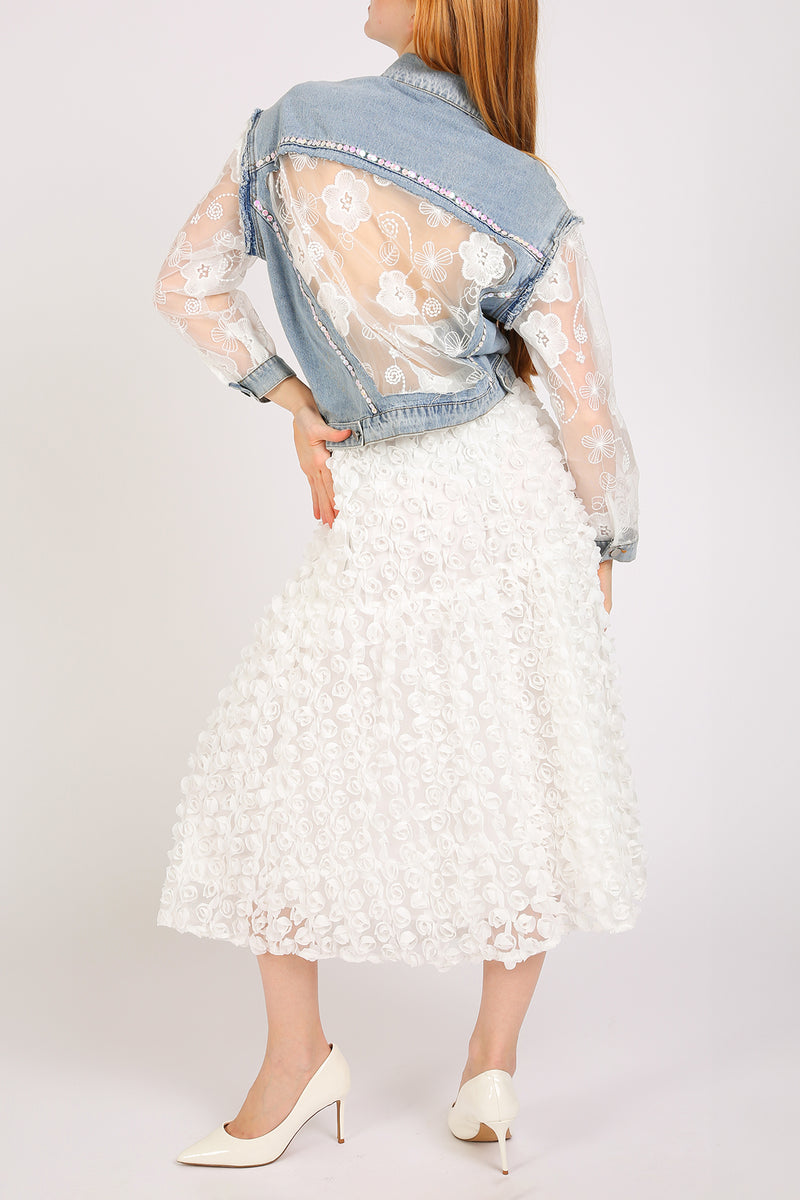 Megan Sequined Floral Embroidered Tulle Denim Jacket