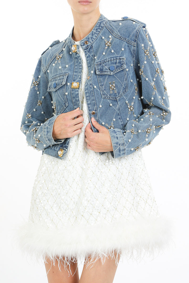 Charlie Multi Embellished Diamond Patterned Denim Jacket - Shop Beulah Style