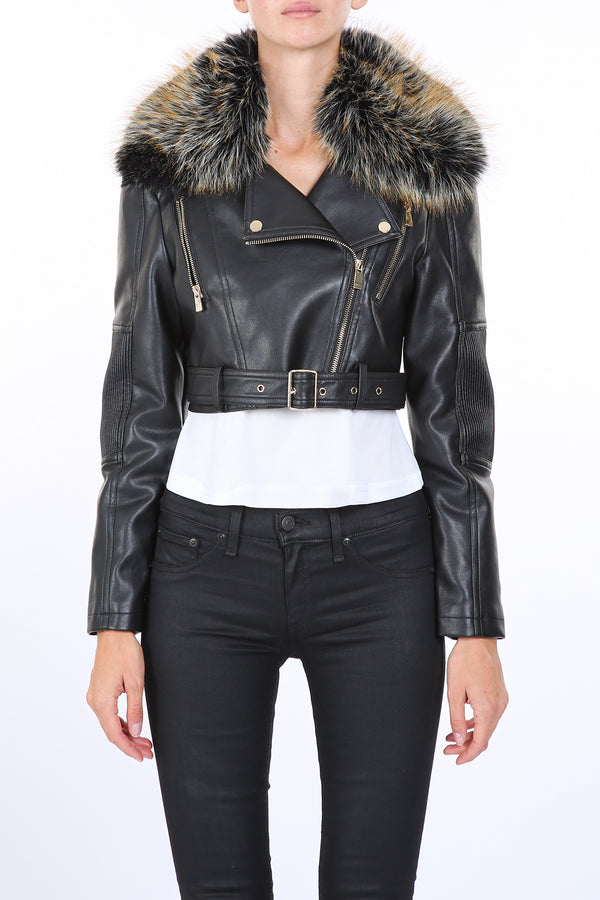 Aegis Faux Fur Trim Vegan Leather Cropped Biker Jacket - Shop Beulah Style