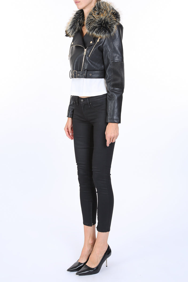 Aegis Faux Fur Trim Vegan Leather Cropped Biker Jacket - Shop Beulah Style