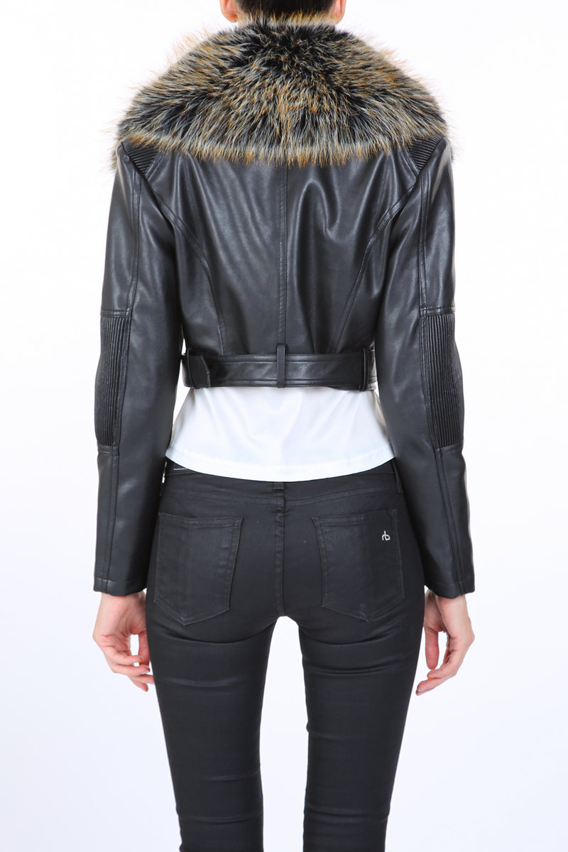 Aegis Faux Fur Trim Vegan Leather Cropped Biker Jacket - Shop Beulah Style